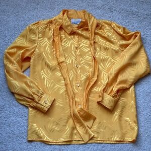 Elite International Vintage Yellow Jacquard Tie Neck Blouse Long Sleeve Size M